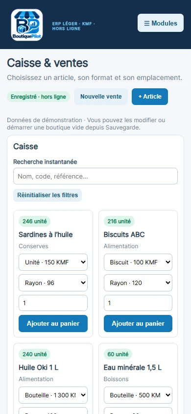 Vue réelle de la caisse BoutiquePilot sur smartphone, avec des articles de démonstration.